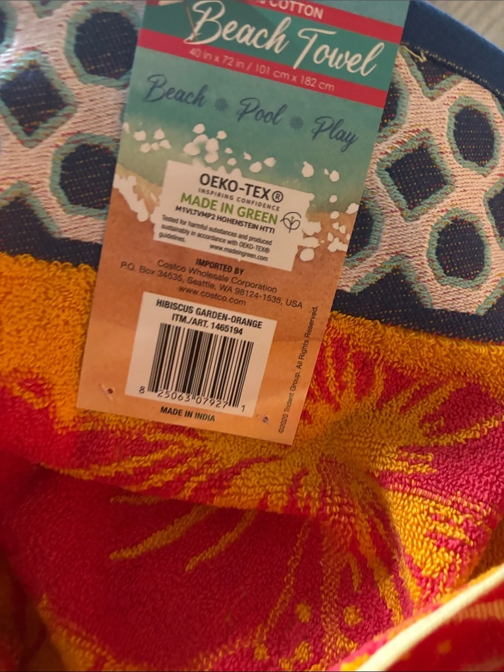 Trident Beach Pool Play Towel Hibiscus Garden Orange & Red 40in x 72 in New